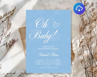 Edytowalne zaproszenie na baby shower dla chłopca: Minimalistyczne zaproszenie (do pobrania cyfrowego)