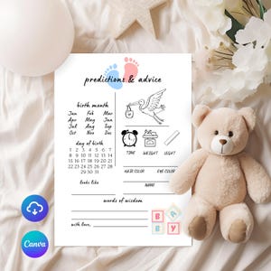 Prédictions et conseils pour baby shower bleu et rose, modèle de prédictions de baby shower garçon et fille, bleu et rose instantané modifiable