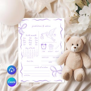 Predicciones y consejos para bebés, lazo caprichoso, tarjeta de niña dibujada a mano para imprimir, ideas de actividades divertidas, guiño editable para colorear, niña dibujada a mano