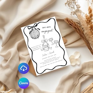 Modello di invito per festa di fidanzamento disegnato a mano, annuncio di fidanzamento con palla da discoteca e vino, invito per festa di fidanzamento, Canva