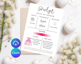 Bearbeitbare Brautjungfer Vorschlag Karte: Brautparty Thema (Canva Template)