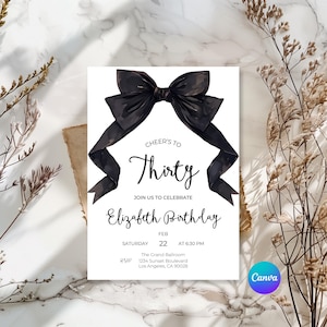 Black Bow Birthday Invitation, Minimalist Black Bow Birthday Invite, Coquette Black Bow Invitation, Canva Editable, Black Party Template