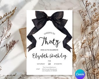 Black Bow Birthday Invitation: Minimalist Party Template (Canva Editable)