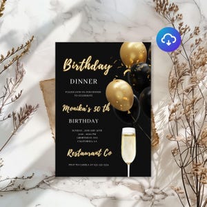 Digital Birthday Dinner Invitation Template, Black Tie Glam Invite, Animated Black Golden Diamond Evite For Men & Women, Self Editable eCard