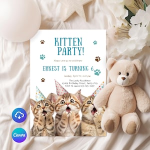 Editable Cat Invitation, Cute Cats Birthday Invite, Kitty Cat Birthday Party, Let's Pawty, Are You Kitten Me Right Meow, Digital Template