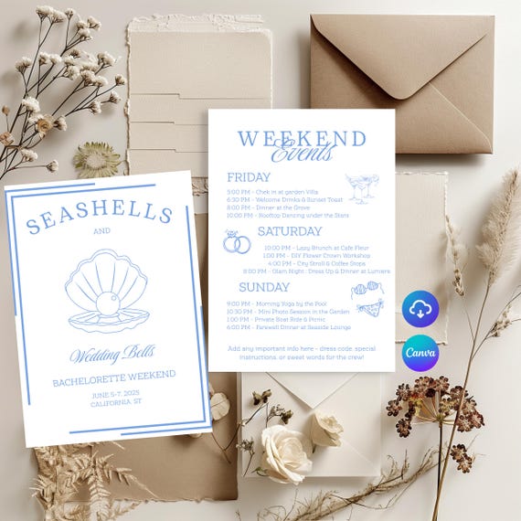 Seashells and Wedding Bells Bachelorette Itinerary Template, Beach  Bachelorette Party Invitation, Coastal Last Toast Digital Invite Canva