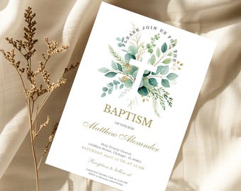 May include: A white baptism invitation with a green and gold floral design and a white cross. The text reads "Please join us for the baptism of our son Matthew Alexander. Holy Trinity Church, 123 Main Street, Chicago, IL 60601. Saturday, April 18th, at 10 AM. Reception to follow at Lakeview Garden Cafe at 9:00 PM. RSVP to Monika (06378729)"
