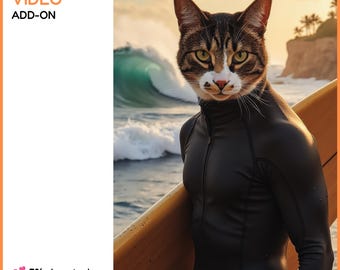 May include: A tabby cat wearing a black wetsuit and holding a surfboard. The cat is standing in the ocean with a wave behind it. The text "The VIDEO ADD-ON" is in the top left corner of the image. The text "5% donated to pet charities" is in the bottom left corner of the image.
