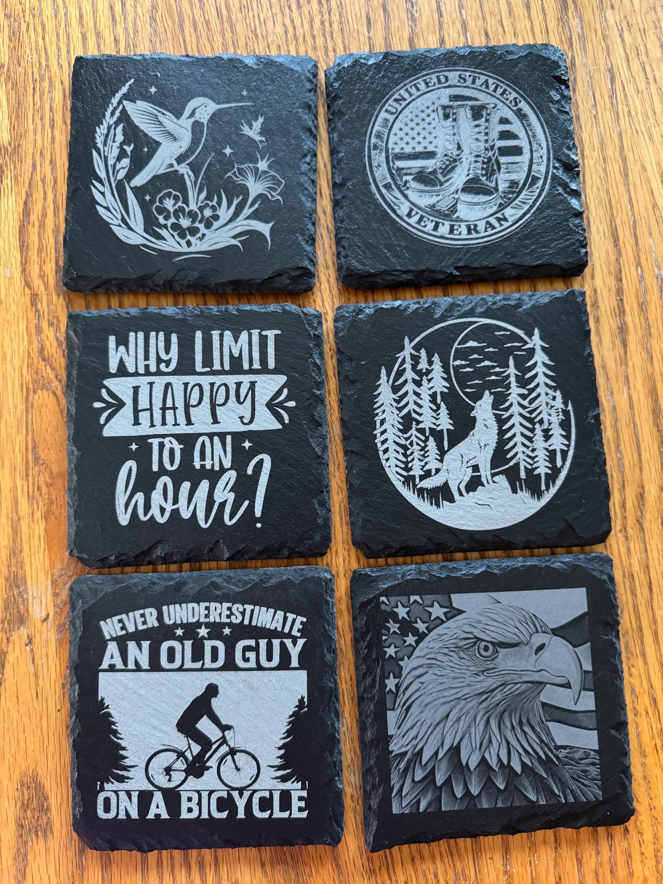 slate coasters laser engraved for veterans, coworkers, gifts, housewarming