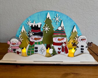 Snowman Tea Light Scene wth Tea Lights- handpainted, or DIY wood kit