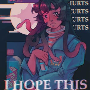 Peut inclure: Illustration numérique d'une personne avec des cheveux en forme de serpent et un uniforme bleu. L'œuvre comprend le texte "I HOPE THIS HURTS". Une bouteille de pilules et une bouteille avec un squelette sont également représentées.
