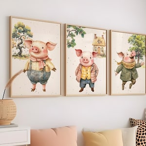 Tres cerditos PNG, arte de pared de 3 cerditos, cerditos lindos, decoración de guardería, juego de 3 impresiones, decoración de bricolaje, arte de pared imprimible, imprimible, varios tamaños