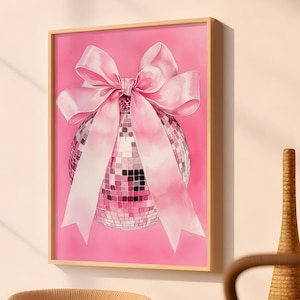 Arte de pared con lazo de bola de discoteca rosa PNG, bola de discoteca con lazo, póster de lazos, póster rosa preppy, arte de pared imprimible con lazos, estética preppy, arte de pared de moda