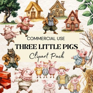 Los tres cerditos PNG, paquete de imágenes prediseñadas de los tres cerditos, cerditos adorables, lobo feroz, decoración de guardería, cuento de hadas, canciones infantiles, uso comercial