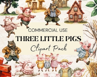 Three Little Pigs PNG,3 Little Pigs Clipart Pack,Cute Pigs, Big Bad Wolf, Nursery Decor,Fairy Tale, Nursery Rhymes, Commercial Use
