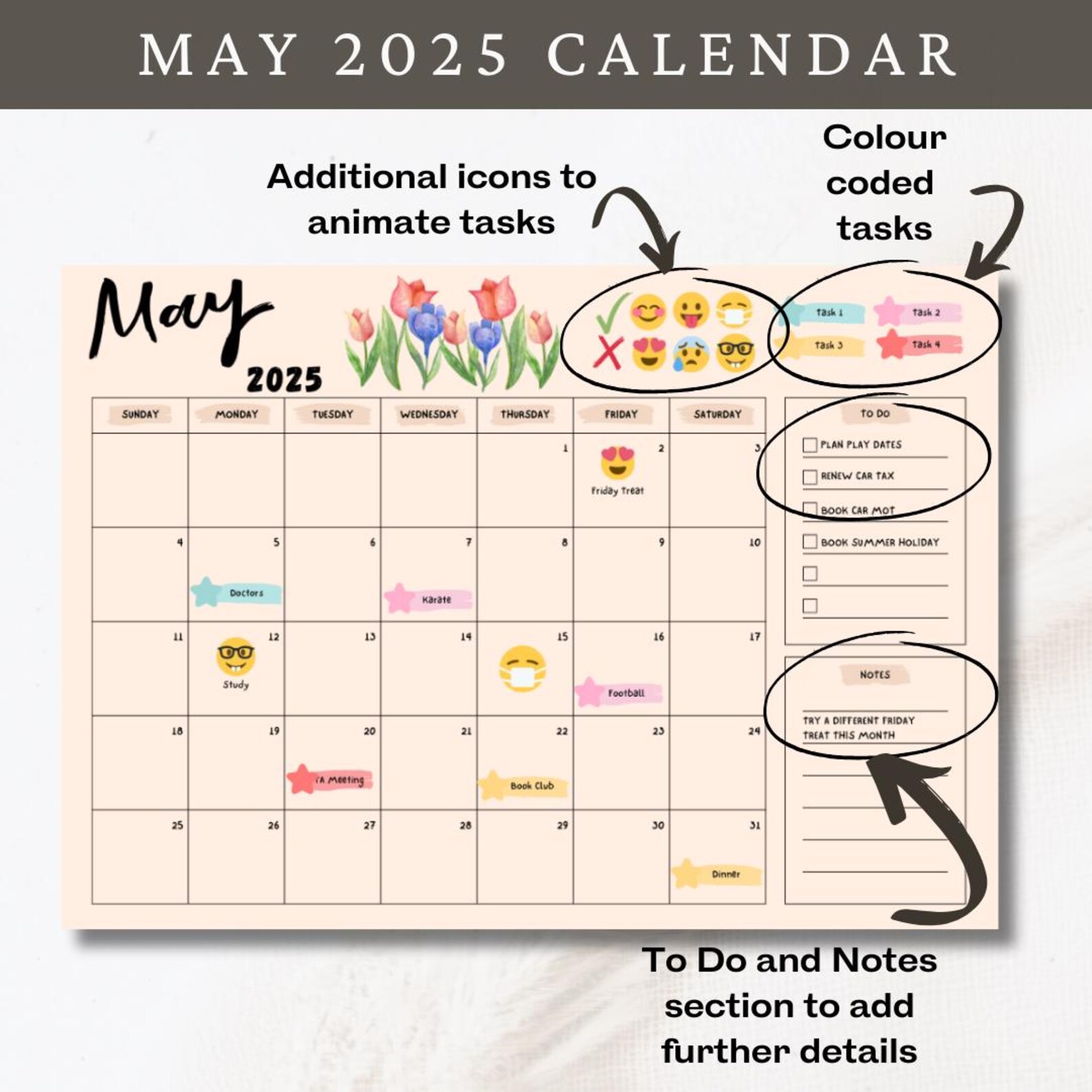 Editable May 2025 Calendar,printable Fillable Monthly Planner May, June ...