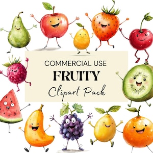 Fruity Clipart PNG, Dancing Fruits Pack, Fruit Icons, Fruit Doodles, Fruity Watercolor Clipart , Fruit Illustrations, Commercial Use