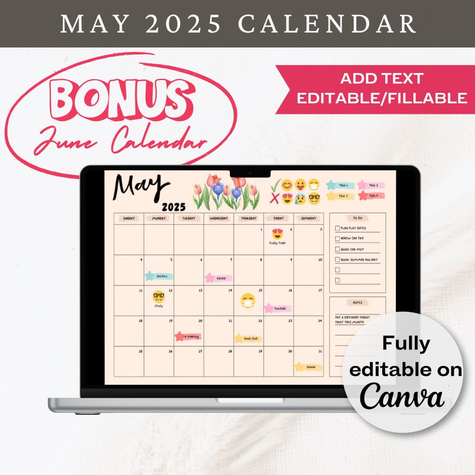 Editable May 2025 Calendar,printable Fillable Monthly Planner May, June ...