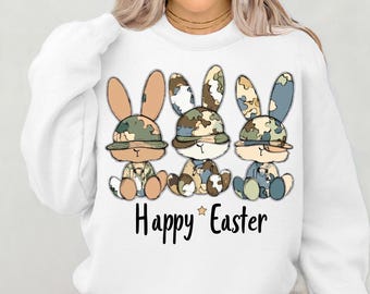 Feliz Pascua PNG, Conejito cazador de huevos Clipart, Conejito de camuflaje con sombrero, Conejito de Pascua feliz, Diseño de conejito de Pascua, Sublimación de Pascua PNG Descarga digital