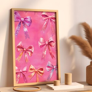Arte de pared con lazo rosa de moda PNG, lazo de acuarela, lazo coqueto con lentejuelas, póster de lazos, póster rosa preppy, arte de pared imprimible con lazos, arte de pared femenino, de moda