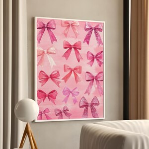 Arte de pared con lazo rosa de moda PNG, lazo de acuarela, lazo coqueto con lentejuelas brillantes, póster de lazo, póster rosa preppy, arte de pared imprimible con lazos, arte de pared femenino