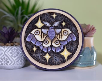 Moth Hand Painted Wood Burning Wall Hanging