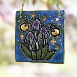 Ceramic Mushrooms and Firefly Decorative Wall Tile