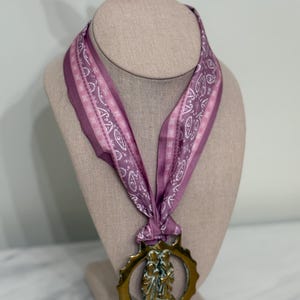 Vintage  Horse Brass Medallion Scarf Necklace  | Charm Scarf Necklace | Pink White Paisley Scarf Wales Brass