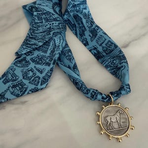 Horse Vintage Coin Scarf Necklace | Charm Scarf Necklace | Bright Bandana Style Horse Equestrian Print Necklace French Horse Vintage Pendant