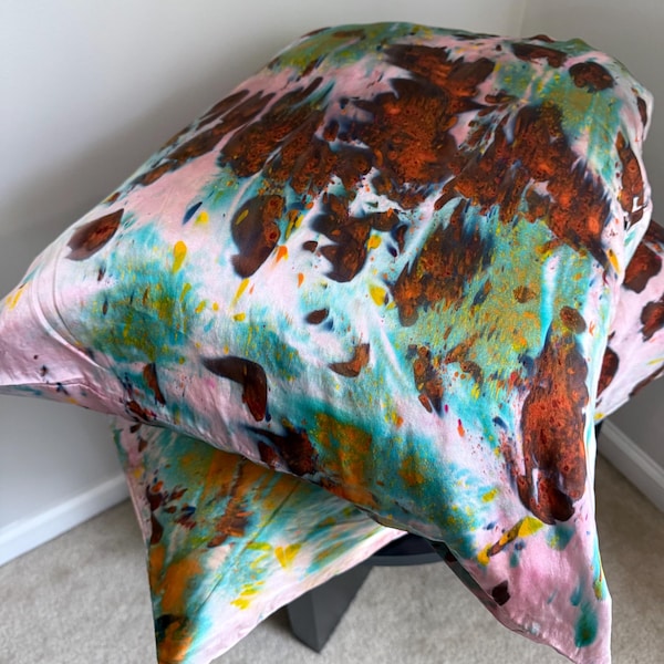 Hand Dyed Silk Pillowcase | 100% Mulberry Silk Pillowcase | Jasper Rust Teal Brown Hand Dyed Queen Size Silk Pillowcase Tie Dye Pillowcase