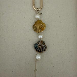 Freshwater Pearl Ceramic Shell  Leather Beaded Bag Charm | Beaded Keychain | Neutral Beaded Purse Charm