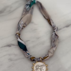 Horse Vintage Coin Scarf Necklace | Charm Scarf Necklace | Teal Cream Bandana Style Horse Equestrian Necklace French Horse Vintage Pendant