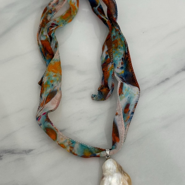 Hand Dyed Silk Ribbon Pearl Necklace | Charm Necklace | Blue Green Rust Brown Silk Necklace Freeform Pearl