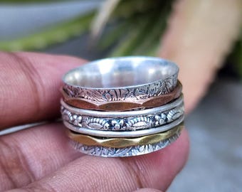 Handmade Sterling Silver Spinner Ring: Mixed Metal Boho Fidget Jewelry