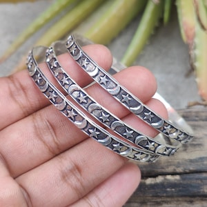 Sterling Silver Star Moon Bangle Set - Stacking Bracelets