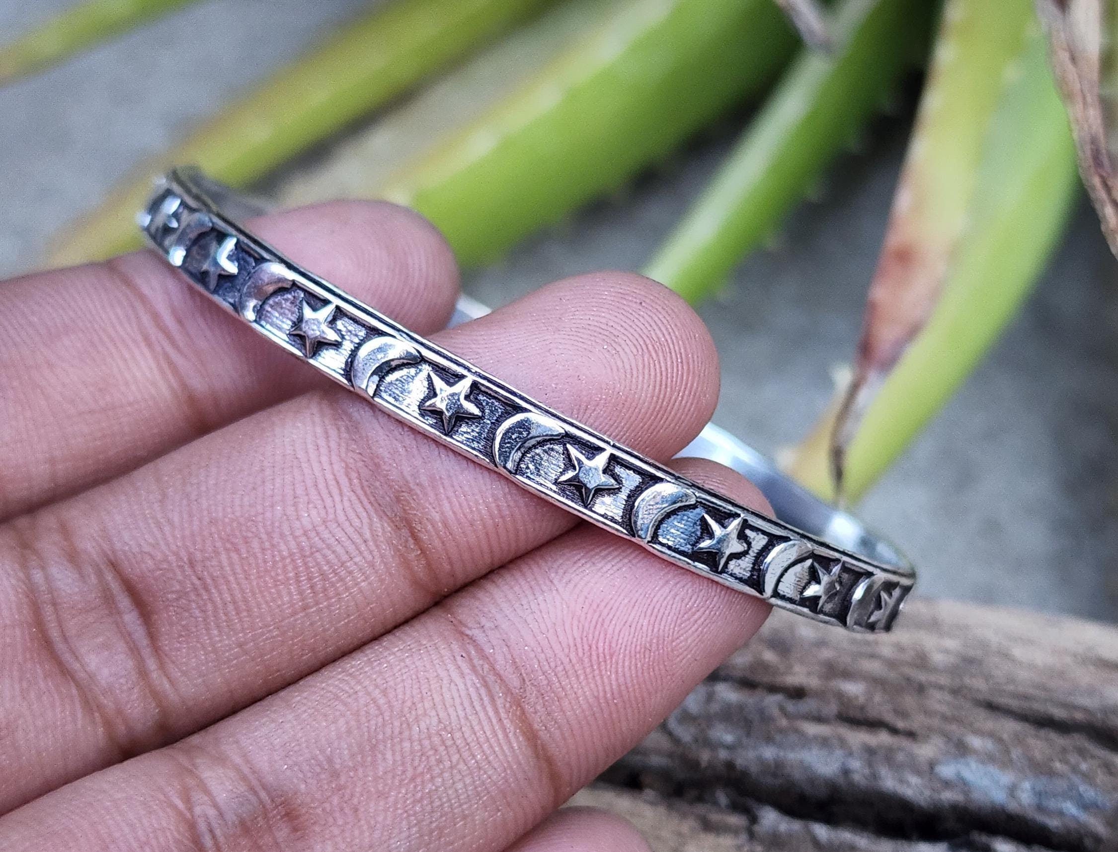 Moon Star Design Pattern Silver Bangle – Solid 925 Sterling Silver Bracelet – Celestial Jewelry – Handmade Wedding Gift for Women