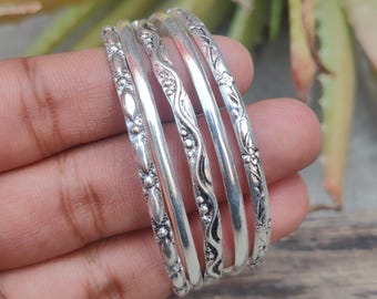 Solid 925 Sterling Silver Bracelets , Set of 5 Designer Bangles For Jewelry , Stacking Bangles For Women , Thin Bangle , Anniversary Gift