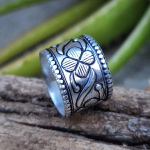 Handmade Sterling Silver Thick Band Ring: Floral Unisex Statement