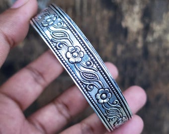 Handcrafted Sterling Silver Bangle: Floral Etched Statement Bracelet