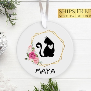 Personalized Cat Mom Ornament, Floral Cat Lover Christmas Gift, Custom Pet Name Ornament, Cat Mom Gift Idea, Cat Owner Keepsake