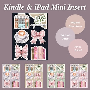 Può includere: Un set di 20 adesivi digitali stampabili per planner che rappresentano un bar, una farfalla, una pila di libri, una tazza di caffè e un fiocco rosa. Gli adesivi sono progettati per l'uso su un Kindle o iPad Mini.
