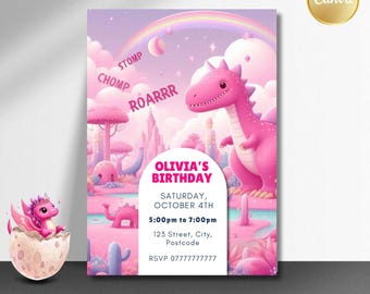May include: A pink dinosaur-themed birthday party invitation with a cartoon dinosaur, rainbow, and castle illustration. The invitation includes the text "Olivia's Birthday" and event details. The words "STOMP", "CHOMP", and "ROARRR" are also included.