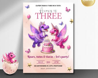 May include: A birthday party invitation with a pink and purple dinosaur theme. The invitation includes the text "Avory is THREE" and "Roars, tutus & tiaras - let's party!" with event details. The design features illustrations of dinosaurs, butterflies, and a cake.