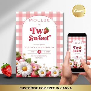 Two Sweet Birthday Invitation, 2nd birthday party template, editable canva template, instant download, strawberries and daisies Girlie Party
