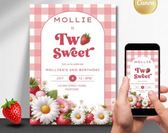 May include: A birthday invitation with a pink gingham background and floral accents. The text reads "Mollie is Two Sweet" with a strawberry graphic. A smartphone displays the same design. The invitation is for Mollie's 2nd birthday.