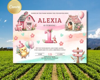 Pink Farm Birthday Invitation: Floral Barnyard Animals (Editable Canva Template, Digital Download)