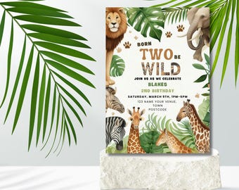 Editable Safari Birthday Invitation, Born Two Be Wild Invitation, Jungle Animals Invitation, 2nd Birthday Invitation Canva birthday template