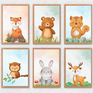 Set of Six Woodland Animals Nursery Prints including Fox, Rabbit, Deer, Bear, Owl and Squirrel