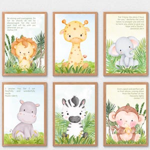 Set of Six Baby Jungle Animals and Scriptures Watercolor Prints for Nursery
