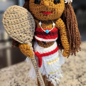 Handmade Crochet Moana Doll with Paddle and Stand image 1